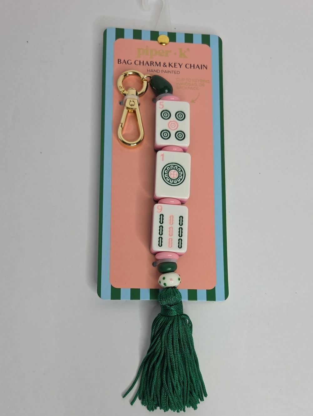Piper K Mahjong Tile Bag Charm & Key Chain Green Tassel NEW